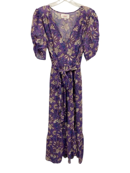 XiRENA Size Small purple, blue, beige Cotton Short Sleeve Floral V Neck Dress purple, blue, beige / Small