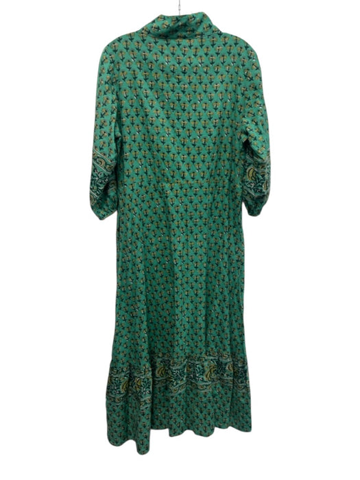 Fox & Hen Size S Green & Yellow Cotton Buttons Floral 3/4 Sleeve Midi Dress Green & Yellow / S