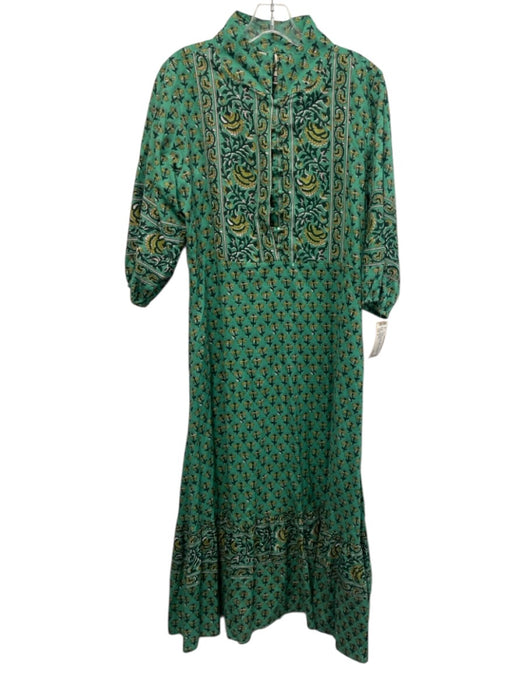Fox & Hen Size S Green & Yellow Cotton Buttons Floral 3/4 Sleeve Midi Dress Green & Yellow / S