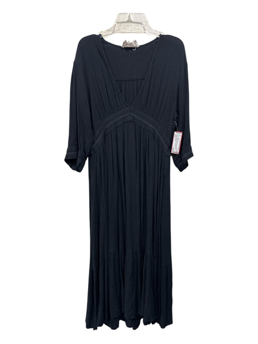 BA & SH Size 3 Black Viscose Long Sleeve Wrinkled V Neck Maxi Dress Black / 3