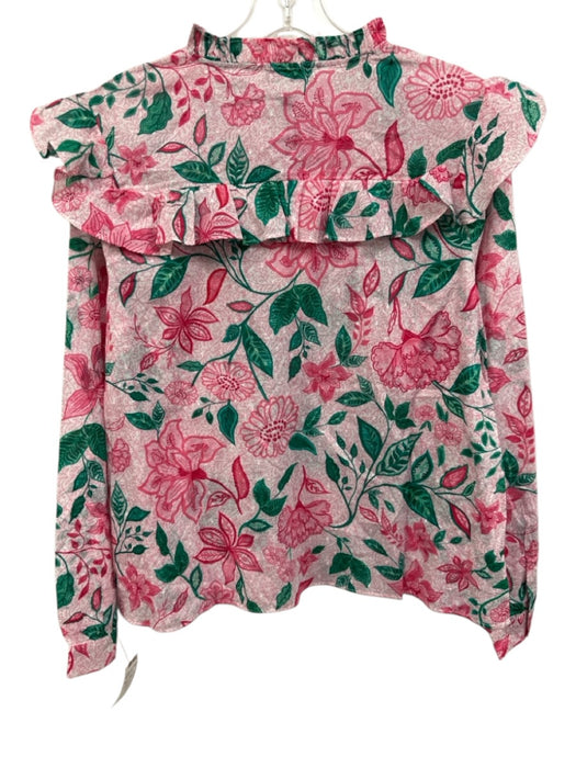 Celina Moon Size M Pink & Green Cotton Floral Long Sleeve Ruffle V Neck Top Pink & Green / M