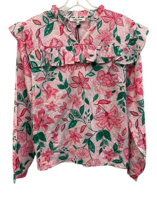 Celina Moon Size M Pink & Green Cotton Floral Long Sleeve Ruffle V Neck Top Pink & Green / M
