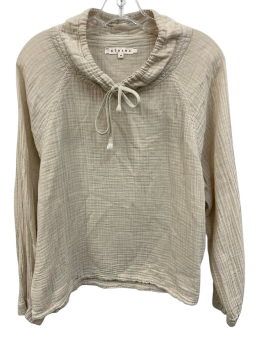 XiRENA Size M White Cotton Long Sleeve High Neck Drawstring Seersucker Top White / M