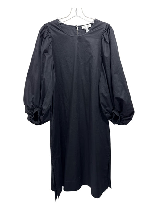 COS Size 12 Black Cotton Long Balloon Sleeve Round Neck Midi Side Slit Dress Black / 12