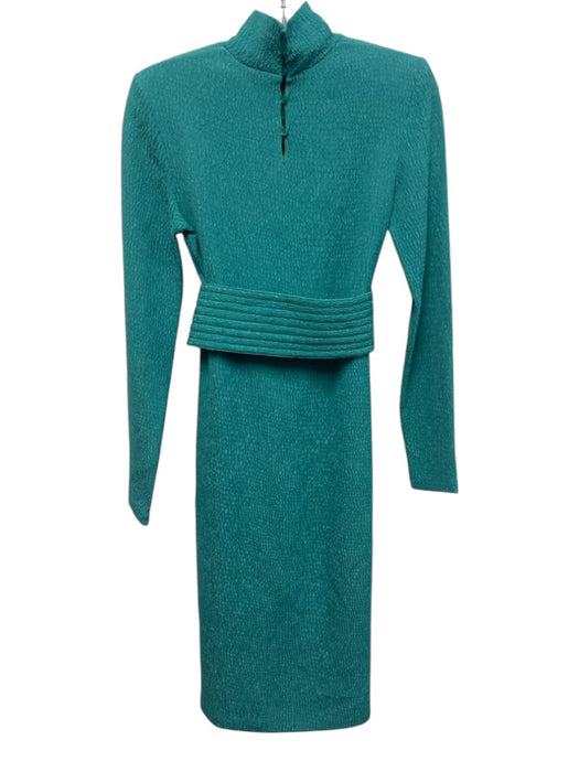 Scanlan Theodore Size 4 Teal Green Acetate Blend Long Sleeve Puckered Midi Dress Teal Green / 4