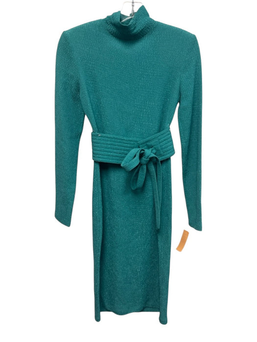 Scanlan Theodore Size 4 Teal Green Acetate Blend Long Sleeve Puckered Midi Dress Teal Green / 4