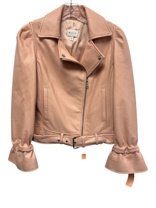Milly Size P Pink Lamb leather Silver Zipper Collar Flare Sleeves Moto Jacket Pink / P