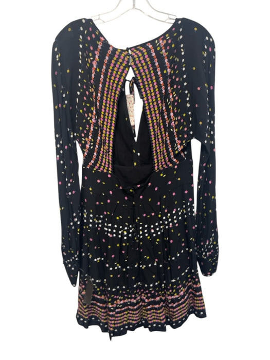 Free People Size 12 Black, Pink & Blue Rayon Blend Long Sleeve Spotted Dress Black, Pink & Blue / 12