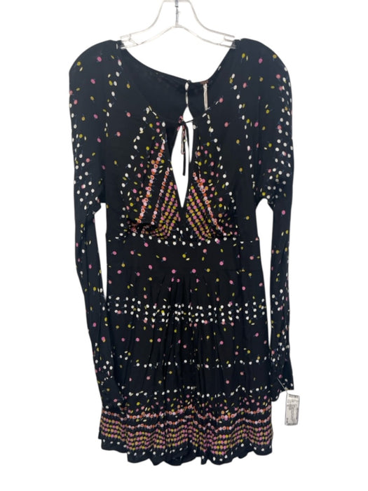 Free People Size 12 Black, Pink & Blue Rayon Blend Long Sleeve Spotted Dress Black, Pink & Blue / 12