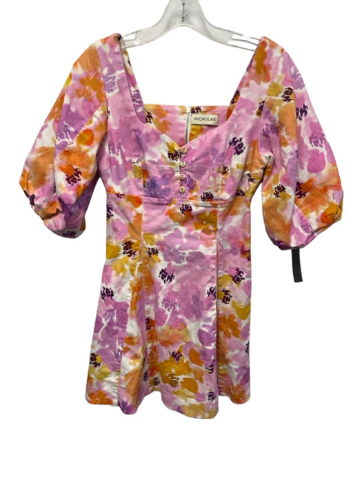 Nicholas Size 6 Pink, Orange & White Cotton Blend Short Balloon Sleeve Dress Pink, Orange & White / 6