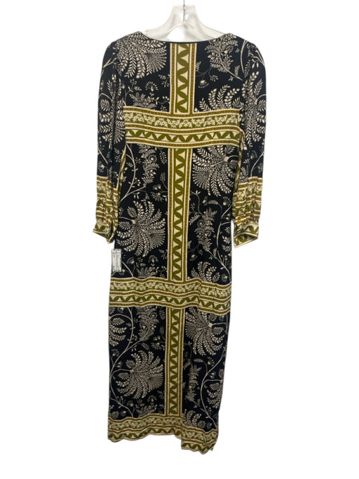 Aylaya Size S Green, Cream & Black Linen Blend 3/4 Sleeve Leaves V Neck Dress Green, Cream & Black / S