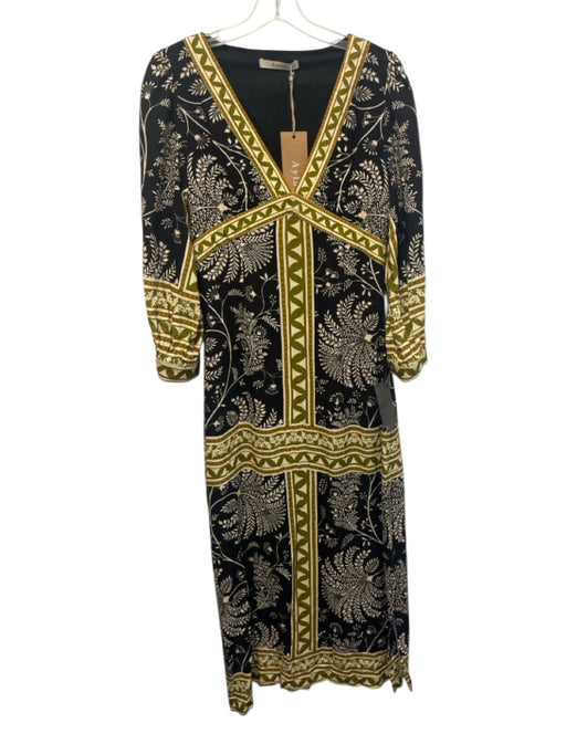 Aylaya Size S Green, Cream & Black Linen Blend 3/4 Sleeve Leaves V Neck Dress Green, Cream & Black / S
