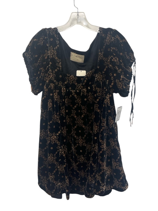 We The Free Size L Black & Brown Polyester Velvet Short Balloon Sleeve Dress Black & Brown / L