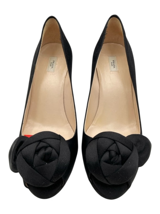 Prada Shoe Size 36 Black Satin Peep Toe Rose Applique Mid Heel Pumps Black / 36