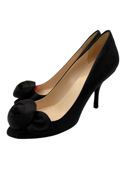 Prada Shoe Size 36 Black Satin Peep Toe Rose Applique Mid Heel Pumps Black / 36
