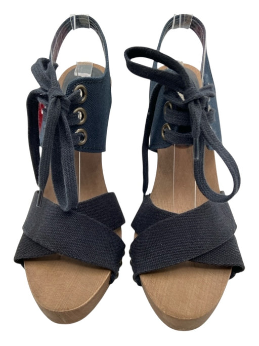 Stella McCartney Shoe Size 37 Black & Brown Canvas Criss Cross Wood Base Sandals Black & Brown / 37