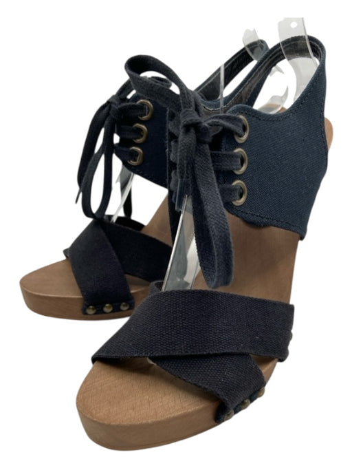 Stella McCartney Shoe Size 37 Black & Brown Canvas Criss Cross Wood Base Sandals Black & Brown / 37