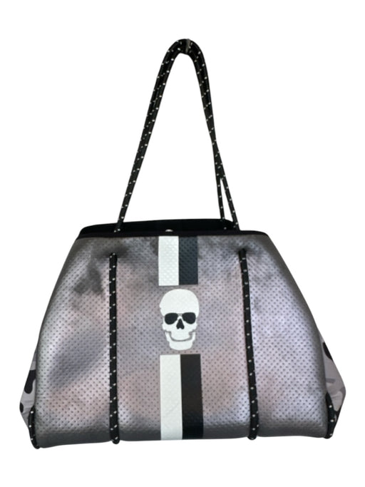 Haute Shore Gray, Black & Silver Neoprene Skull Pouch Inc. Top Handle Bag Gray, Black & Silver