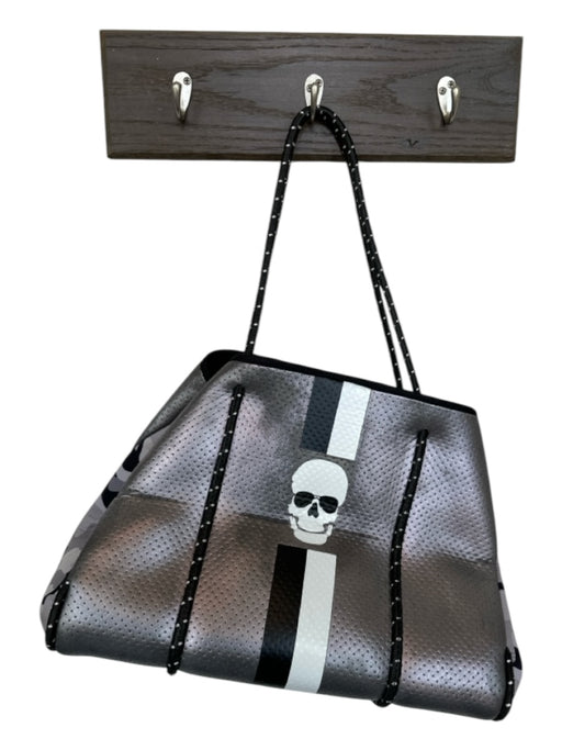 Haute Shore Gray, Black & Silver Neoprene Skull Pouch Inc. Top Handle Bag Gray, Black & Silver
