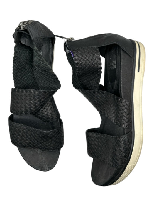 Eileen Fisher Shoe Size 7.5 Black Leather Back Zip Basket Weave Sandals Black / 7.5