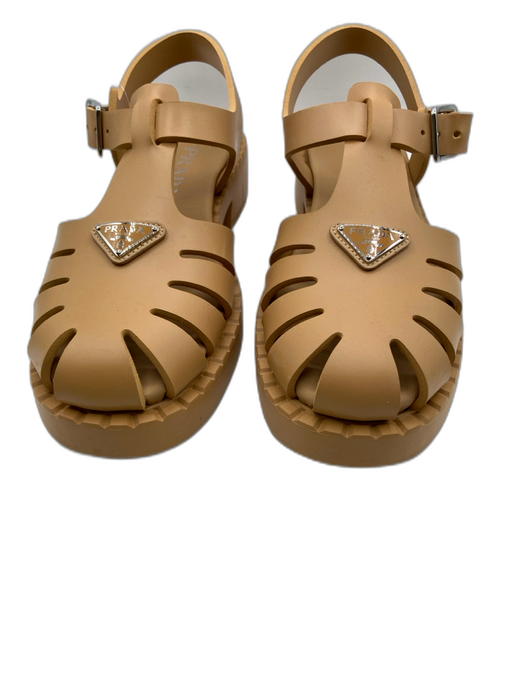 Prada Shoe Size 39 Beige Synthetic & Leather Buckle Ankle Logo Caged Sandals Beige / 39
