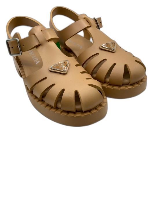 Prada Shoe Size 39 Beige Synthetic & Leather Buckle Ankle Logo Caged Sandals Beige / 39