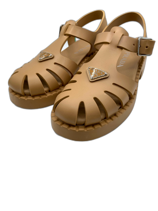 Prada Shoe Size 39 Beige Synthetic & Leather Buckle Ankle Logo Caged Sandals Beige / 39