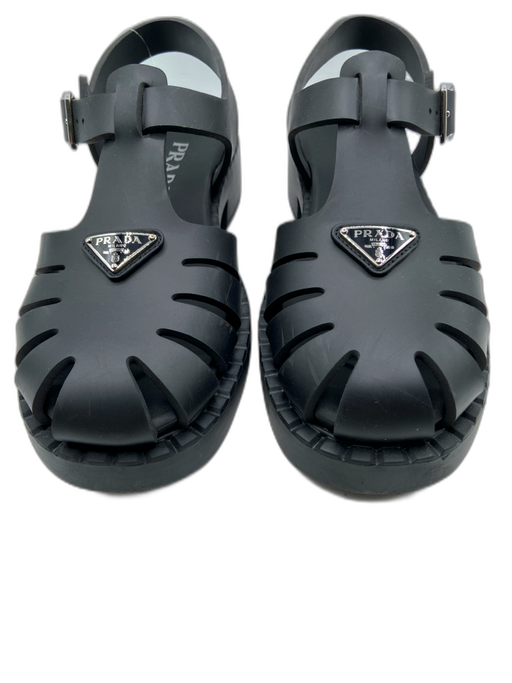 Prada Shoe Size 39 Black Synthetic & Leather Buckle Ankle Logo Caged Sandals Black / 39