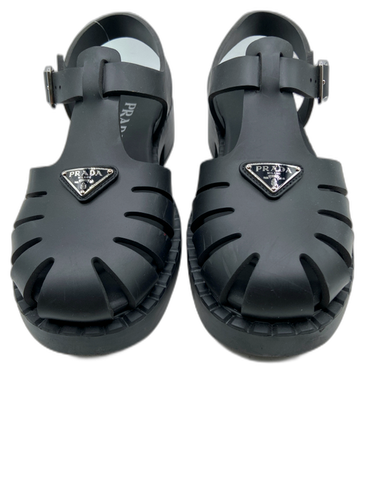 Prada Shoe Size 39 Black Synthetic & Leather Buckle Ankle Logo Caged Sandals Black / 39