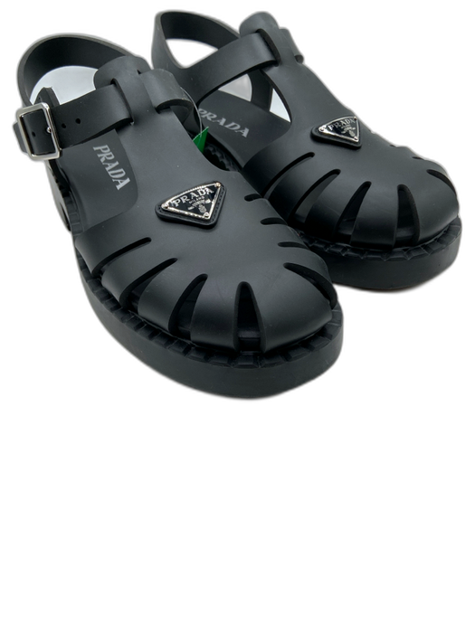Prada Shoe Size 39 Black Synthetic & Leather Buckle Ankle Logo Caged Sandals Black / 39