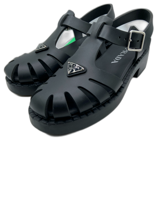 Prada Shoe Size 39 Black Synthetic & Leather Buckle Ankle Logo Caged Sandals Black / 39