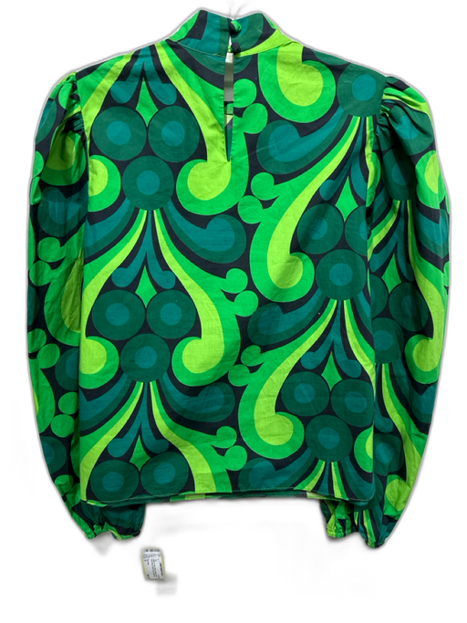 Flora Bea Size S Green & Teal Cotton Abstract Floral Long Sleeve Mock Neck Top Green & Teal / S