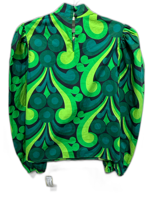 Flora Bea Size S Green & Teal Cotton Abstract Floral Long Sleeve Mock Neck Top Green & Teal / S