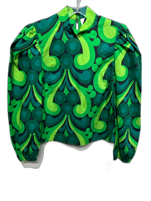 Flora Bea Size S Green & Teal Cotton Abstract Floral Long Sleeve Mock Neck Top Green & Teal / S