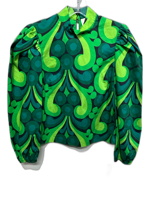 Flora Bea Size S Green & Teal Cotton Abstract Floral Long Sleeve Mock Neck Top Green & Teal / S