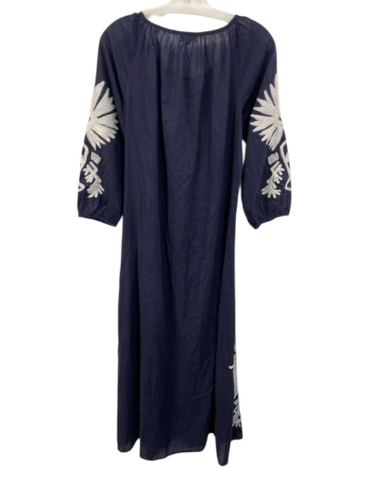 Debbie Katz Size M Navy Blue & White Cotton Long Sleeve Embroidered Midi Dress Navy Blue & White / M