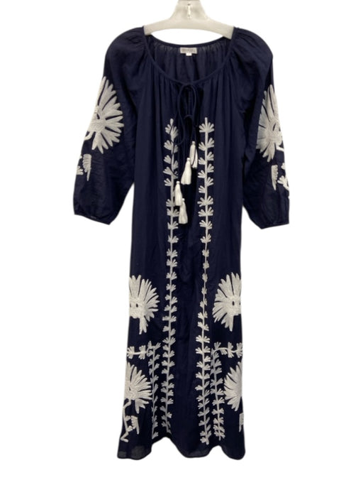 Debbie Katz Size M Navy Blue & White Cotton Long Sleeve Embroidered Midi Dress Navy Blue & White / M