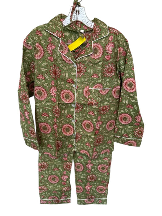 Size S Green & Pink Cotton Long Sleeve Flowers Pants Pajamas Green & Pink / S