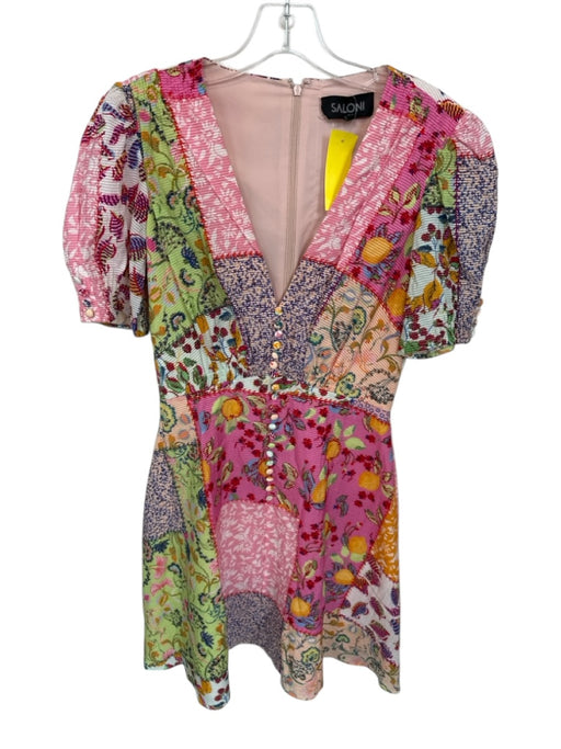 Saloni Size 4 Pink & Multi Cotton Blend Short Sleeve Botanical Patchwork Dress Pink & Multi / 4