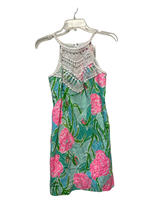 Lilly Pulitzer Size 0 Blue, Green, Pink Cotton Crochet Detail Floral Dress Blue, Green, Pink / 0
