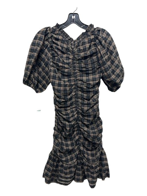 Ganni Size 34 Brown & Black Cotton & Polyester Plaid Ruched Shimmer Dress Brown & Black / 34