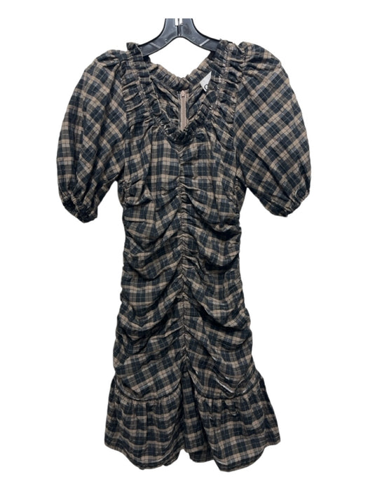 Ganni Size 34 Brown & Black Cotton & Polyester Plaid Ruched Shimmer Dress Brown & Black / 34