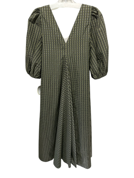 Ganni Size 34 Green & Gray Polyester & Cotton Puff 1/2 Sleeve V Neck Midi Dress Green & Gray / 34