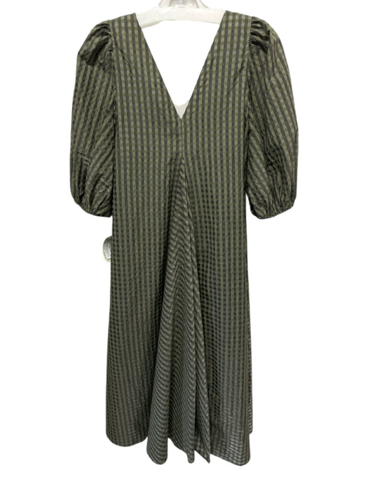 Ganni Size 34 Green & Gray Polyester & Cotton Puff 1/2 Sleeve V Neck Midi Dress Green & Gray / 34
