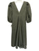 Ganni Size 34 Green & Gray Polyester & Cotton Puff 1/2 Sleeve V Neck Midi Dress Green & Gray / 34