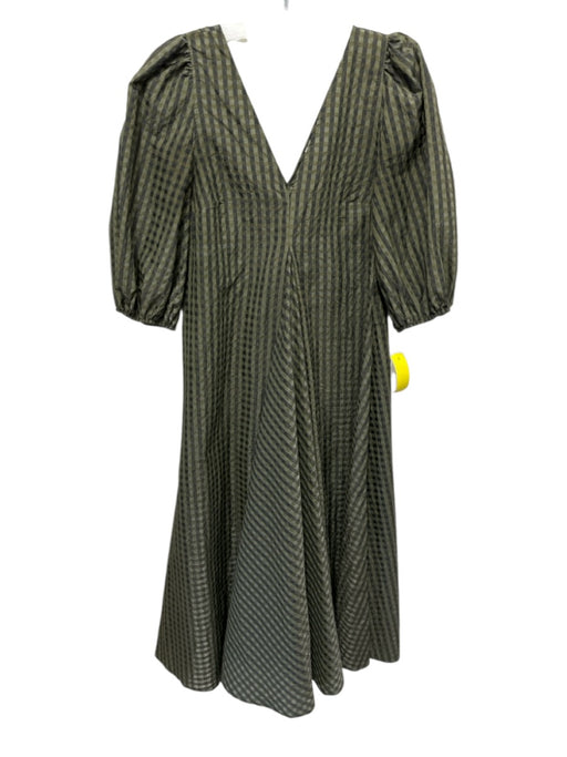 Ganni Size 34 Green & Gray Polyester & Cotton Puff 1/2 Sleeve V Neck Midi Dress Green & Gray / 34