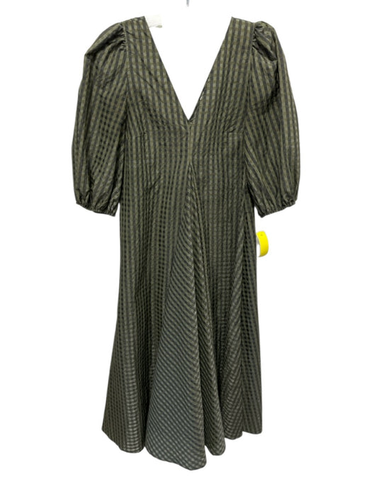 Ganni Size 34 Green & Gray Polyester & Cotton Puff 1/2 Sleeve V Neck Midi Dress Green & Gray / 34