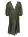 Ganni Size 34 Green & Gray Polyester & Cotton Puff 1/2 Sleeve V Neck Midi Dress Green & Gray / 34