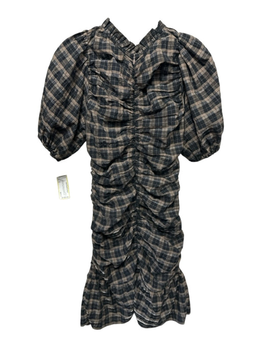 Ganni Size 34 Brown & Black Cotton & Polyester Short Puff Sleeve Plaid Dress Brown & Black / 34