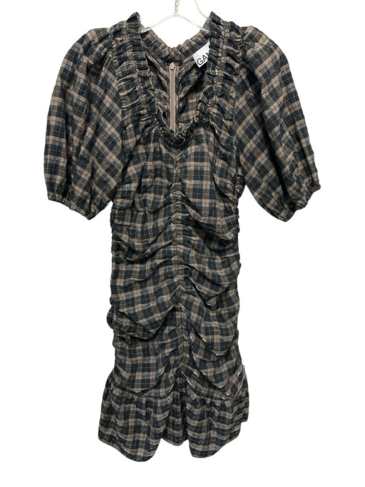 Ganni Size 34 Brown & Black Cotton & Polyester Short Puff Sleeve Plaid Dress Brown & Black / 34
